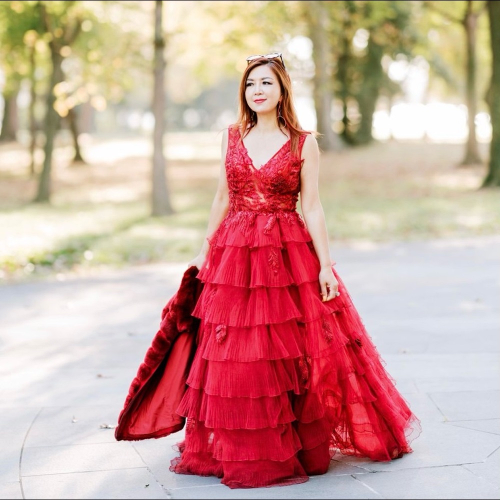 Mac Duggal Plum Deep Red Tulle Floral Ruffle Gown
